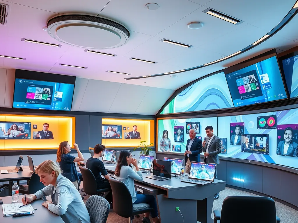 A futuristic digital classroom in a Turkish university, showcasing advanced technology, interactive screens, students engaged in hybrid learning, and professors using digital tools, modern educational environment, sleek design.