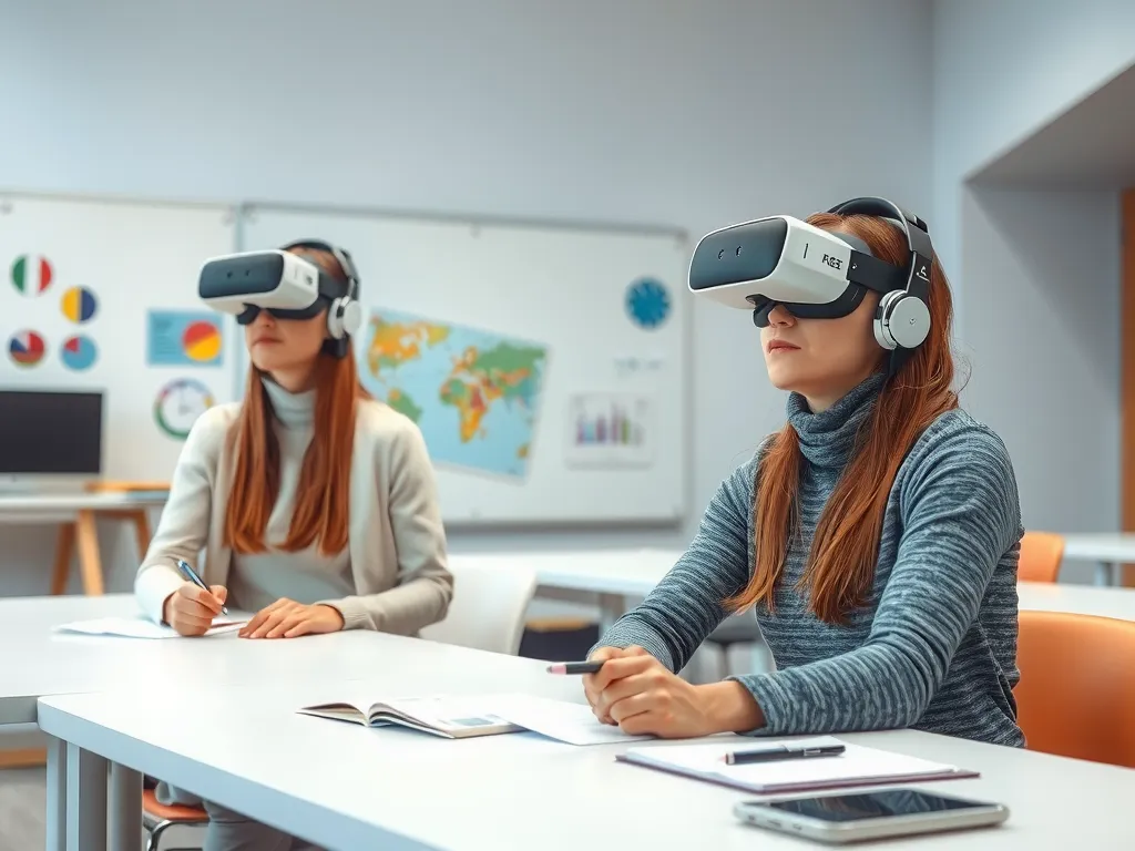 Teachers using virtual reality headsets and AI tools to conduct classes, enhancing learning through digital means, innovative educational setting.
