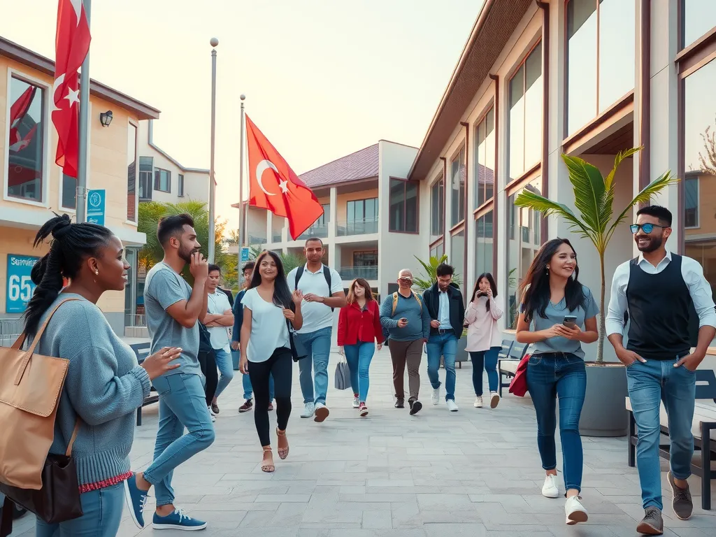 A modern and diverse university campus in Turkey, featuring international students interacting and exploring, photorealistic, high quality, vibrant campus life, inclusive environment
