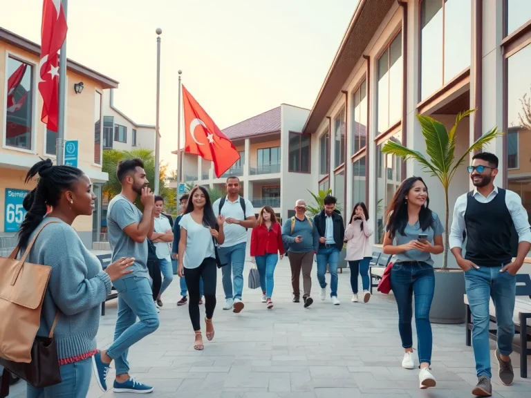 A modern and diverse university campus in Turkey, featuring international students interacting and exploring, photorealistic, high quality, vibrant campus life, inclusive environment