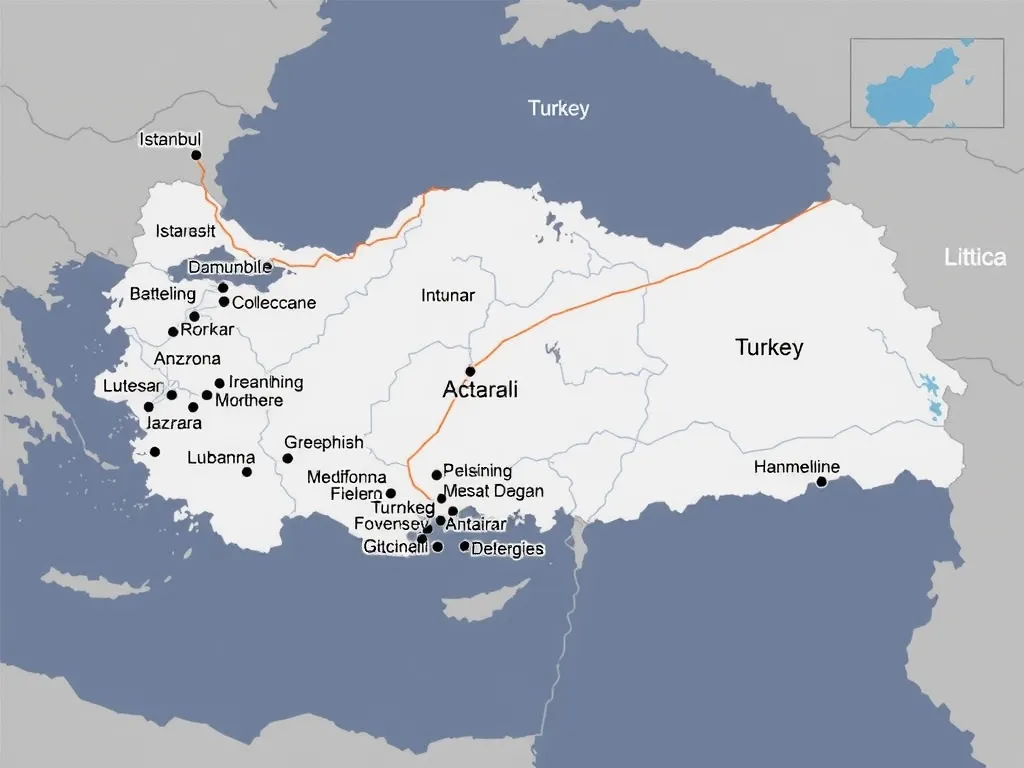 Detailed map of Turkey highlighting major cities like Istanbul, Ankara, and Izmir, digital style, clear geographic features