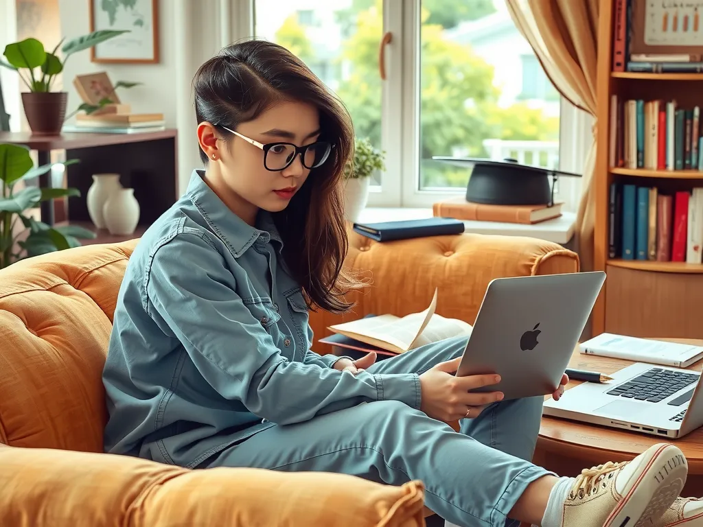 Student financial support and budgeting scene, featuring a student reviewing scholarships and grants on a laptop in a cozy setting, detailed and illustrative of student finance