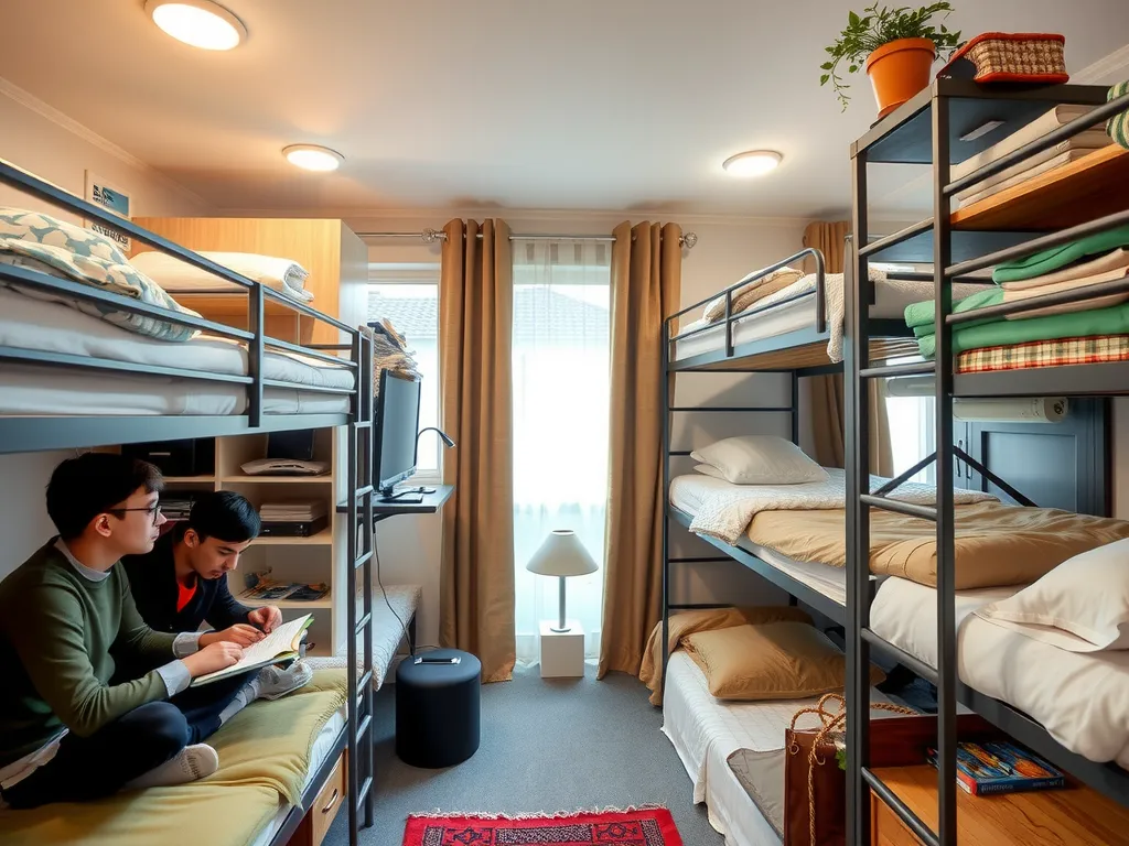 Turkish dormitory lifestyle for students, with cozy and organized dorm rooms, students studying and relaxing in communal spaces, warm and inviting