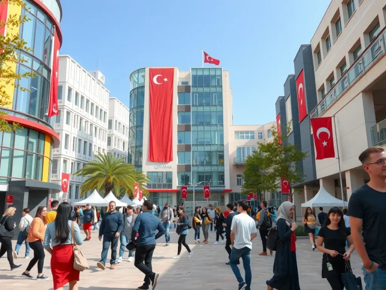 A vibrant and bustling Turkish university campus, showcasing diverse student life and modern architecture, with students from various cultural backgrounds interacting in an academic setting, photorealistic, high quality, dynamic atmosphere