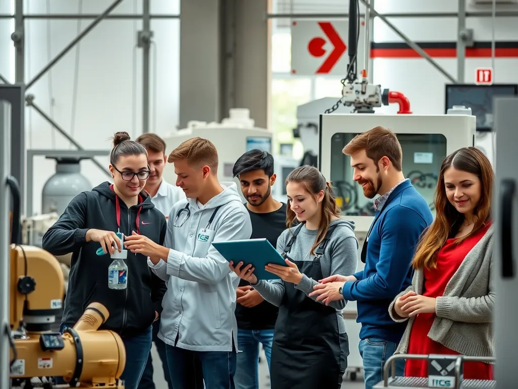 A diverse group of students in a Turkish vocational and technical education setting, interacting with modern machinery and technology, showcasing various fields such as mechatronics, electronics, and culinary arts, professional photography style, high-quality.
