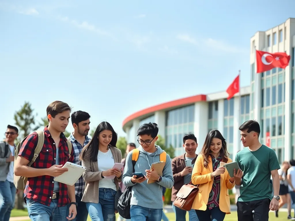 International students on a university campus in Turkey, engaging in a multicultural environment, with diverse backgrounds, capturing a sense of community and collaboration, high-quality and vibrant colors.