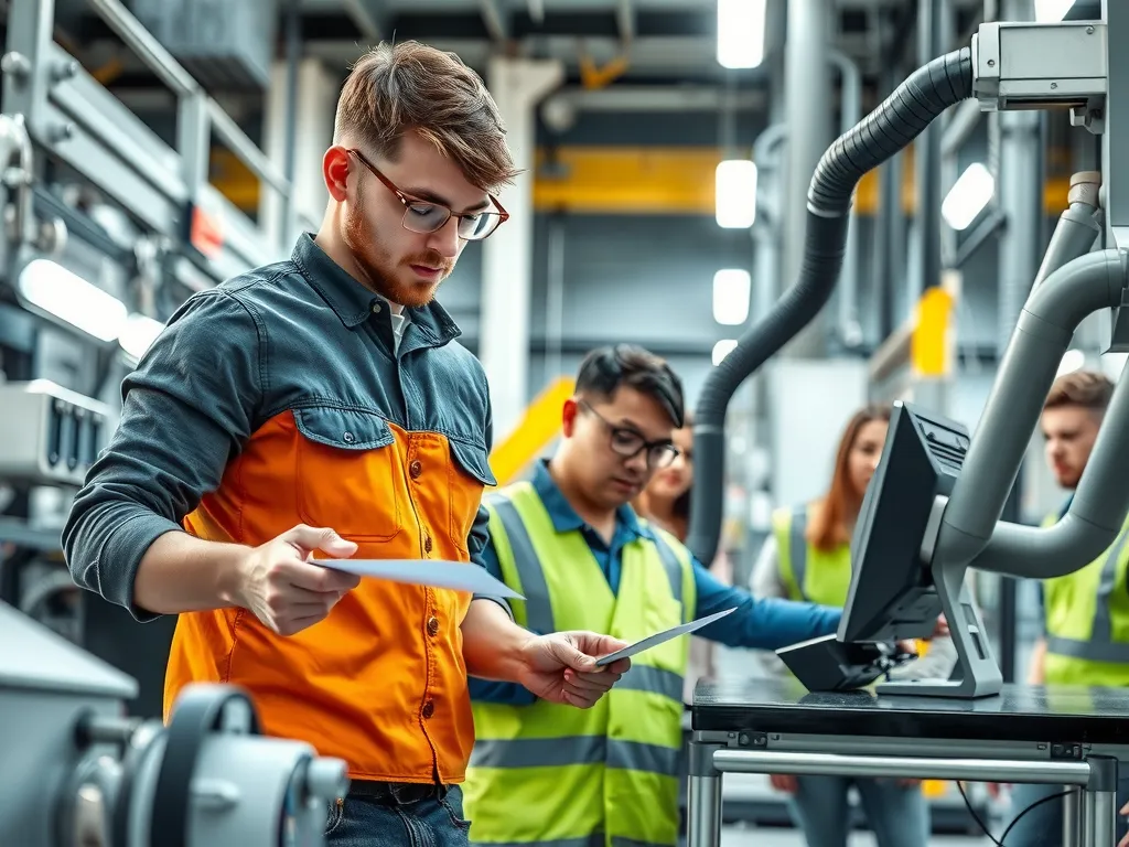 Young professional working in a cutting-edge industrial or technical environment, collaborating with a small team, showcasing modern technological applications and teamwork.