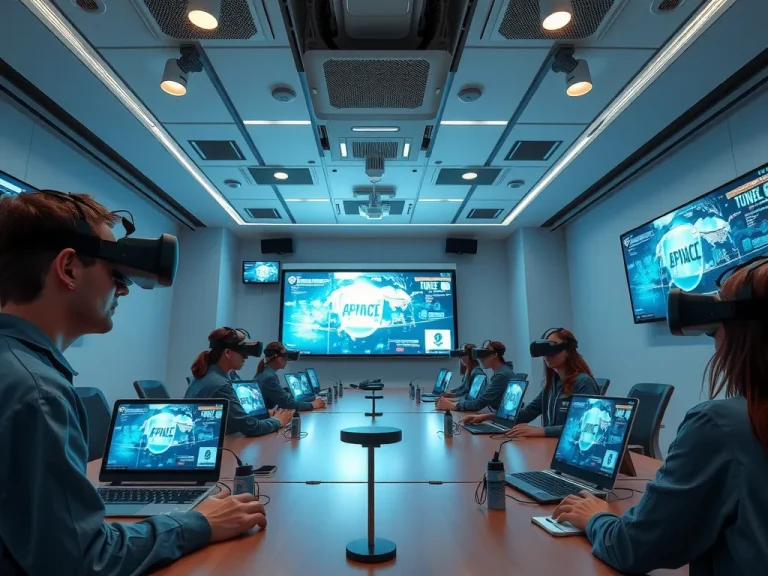 A futuristic classroom setting with digital screens, virtual reality headsets, and students engaging with digital learning tools, high quality, professional lighting, innovative education technology theme