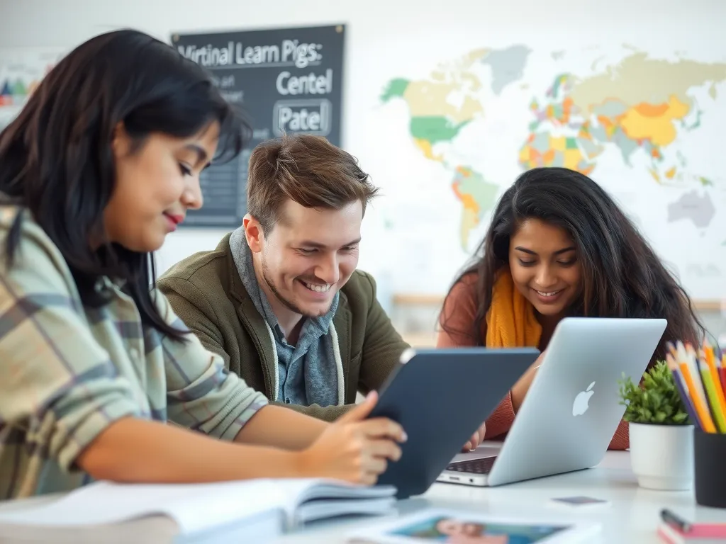 Students studying at a digital learning platform with diverse resources and virtual international collaboration, detailed, clean background, multicultural setting