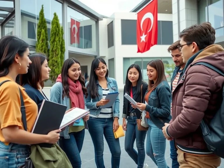 A group of international students in a modern Turkish university setting, discussing legal and academic guidelines, photorealistic, high quality, diverse nationalities, vibrant campus atmosphere