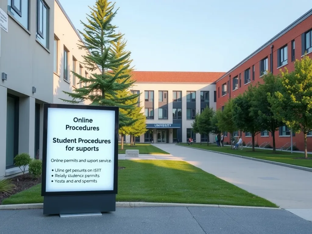 A university campus with a digital sign indicating online procedures for student permits and support services, modern, clean design