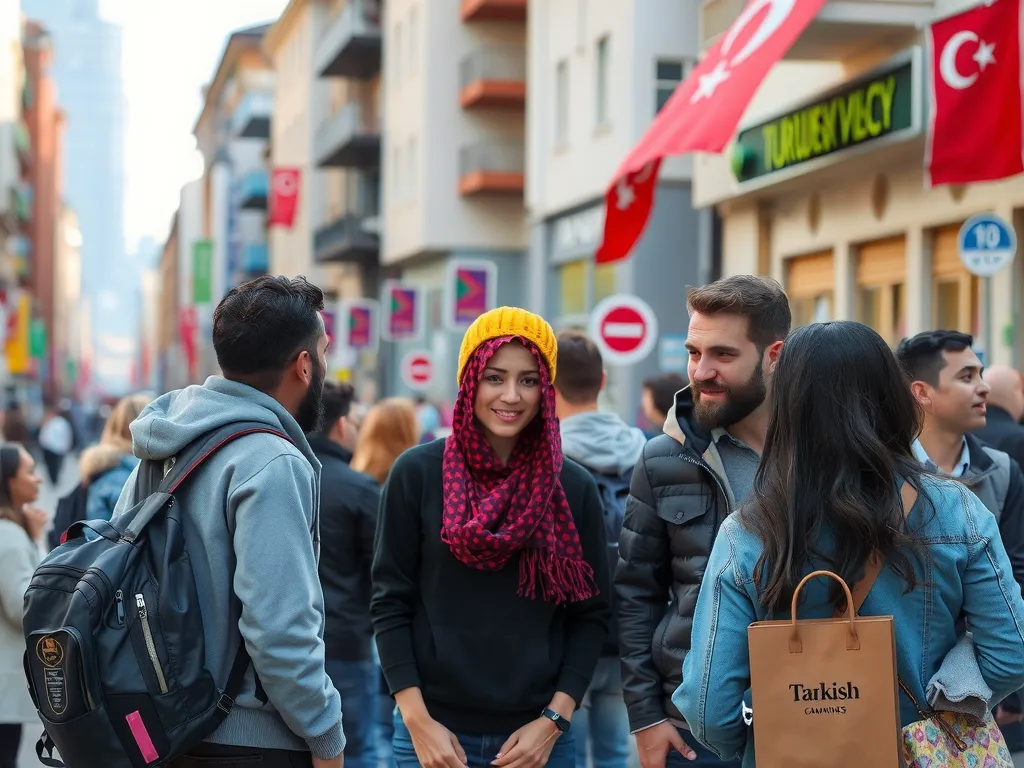 A diverse group of international students, including Arabs, interacting in a vibrant urban setting in Turkey, with visible cultural elements like Turkish architecture and lively city atmosphere, photorealistic, high quality, dynamic colors