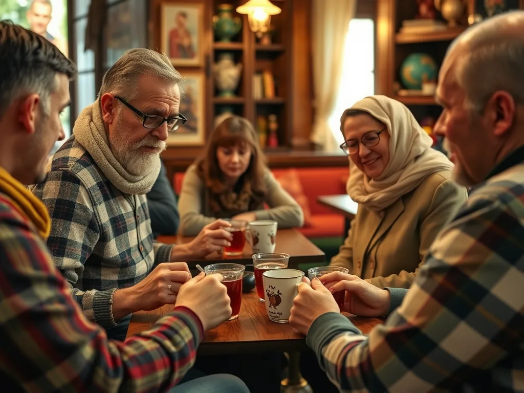 A friendly gathering of people enjoying Turkish tea in a traditional setting, capturing cultural and social hospitality, detailed, warm lighting