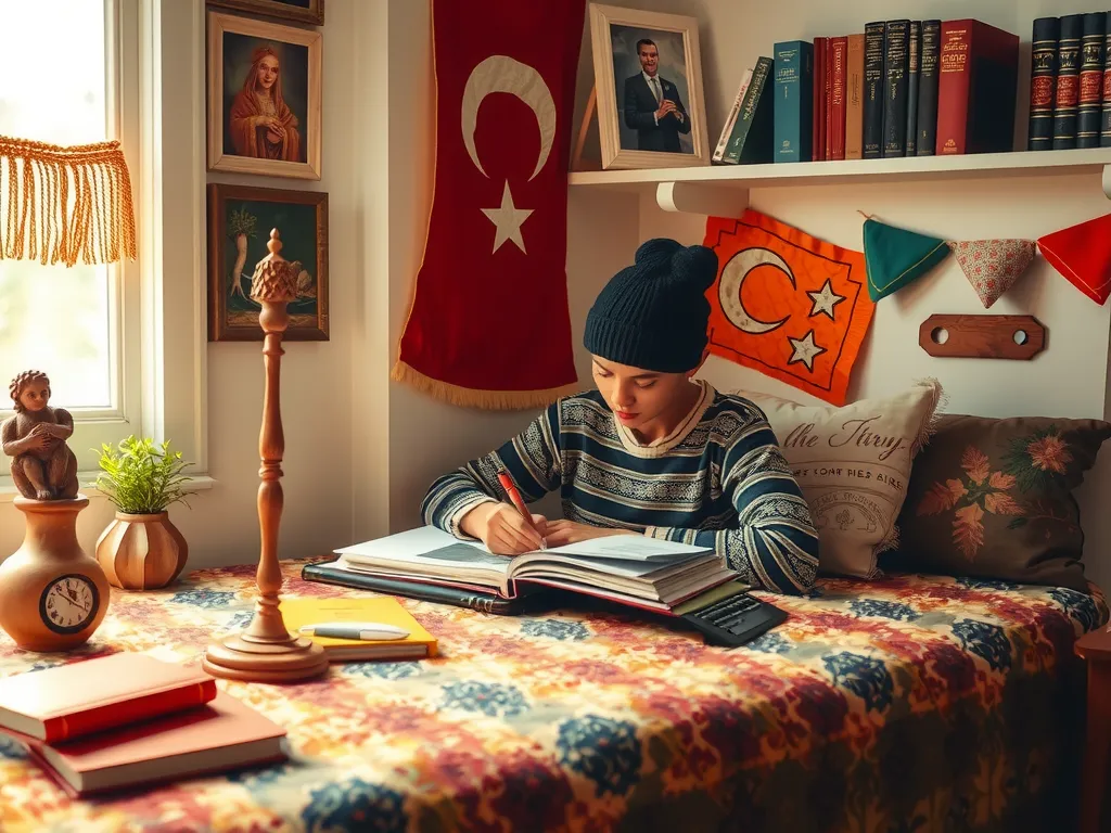 A student studying in a cozy dorm room setting with Turkish decor elements and study materials, photorealistic, warm ambiance