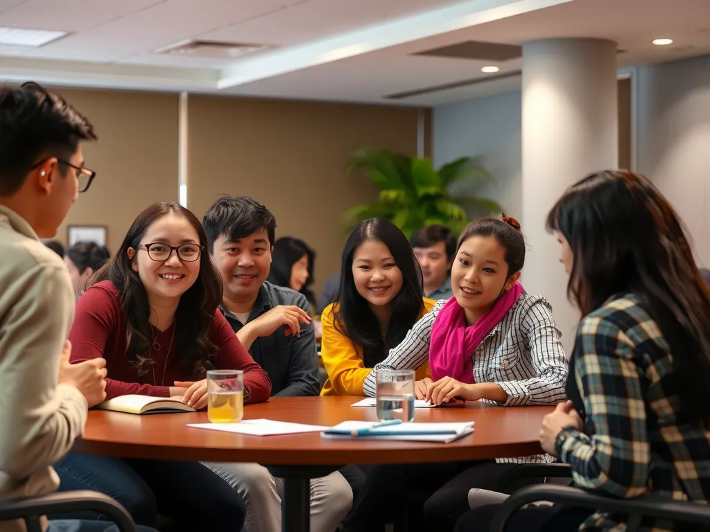 Students participating in a cultural or academic club meeting, engaged in discussion or activities, showcasing teamwork and cultural exchange, professional lighting