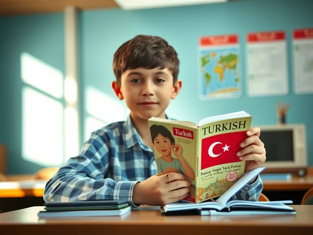 A young student holding a Turkish language textbook, sitting at a desk with notebooks, learning effectively, high quality, natural lighting