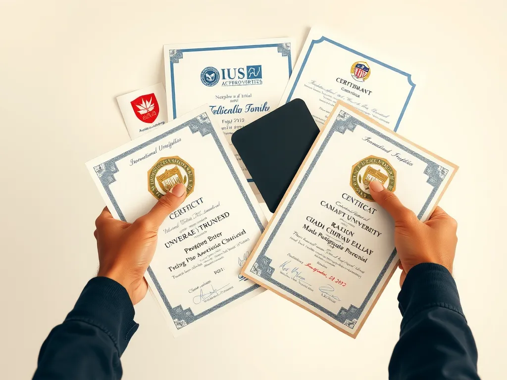 Close-up of hands holding various international university accreditations and certificates on a minimalist clean background, photorealistic Close-up of hands holding various international university accreditations and certificates on a minimalist clean background, photorealistic
