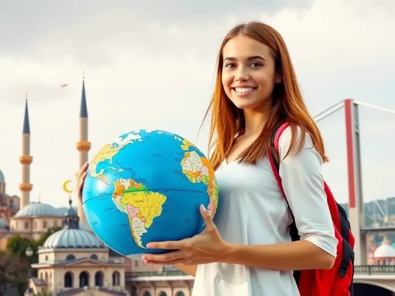 Photorealistic, high-quality image of an international student holding a globe, standing with a background of famous Turkish landmarks like the Hagia Sophia and the Bosphorus Bridge, symbolizing education in Turkey.