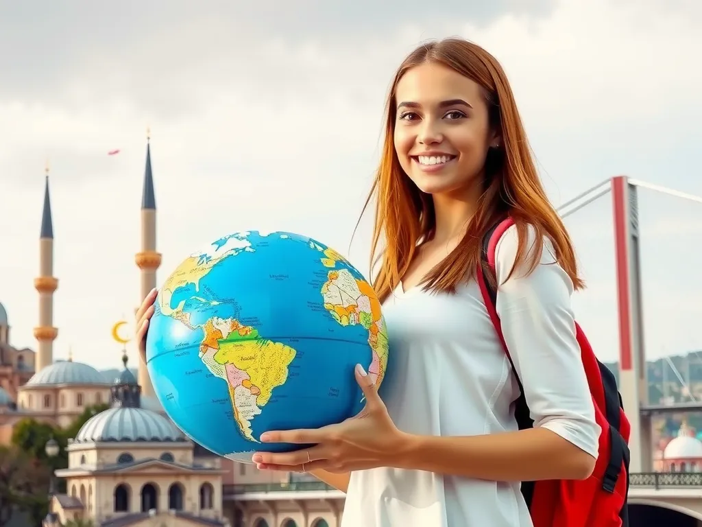 Photorealistic, high-quality image of an international student holding a globe, standing with a background of famous Turkish landmarks like the Hagia Sophia and the Bosphorus Bridge, symbolizing education in Turkey.