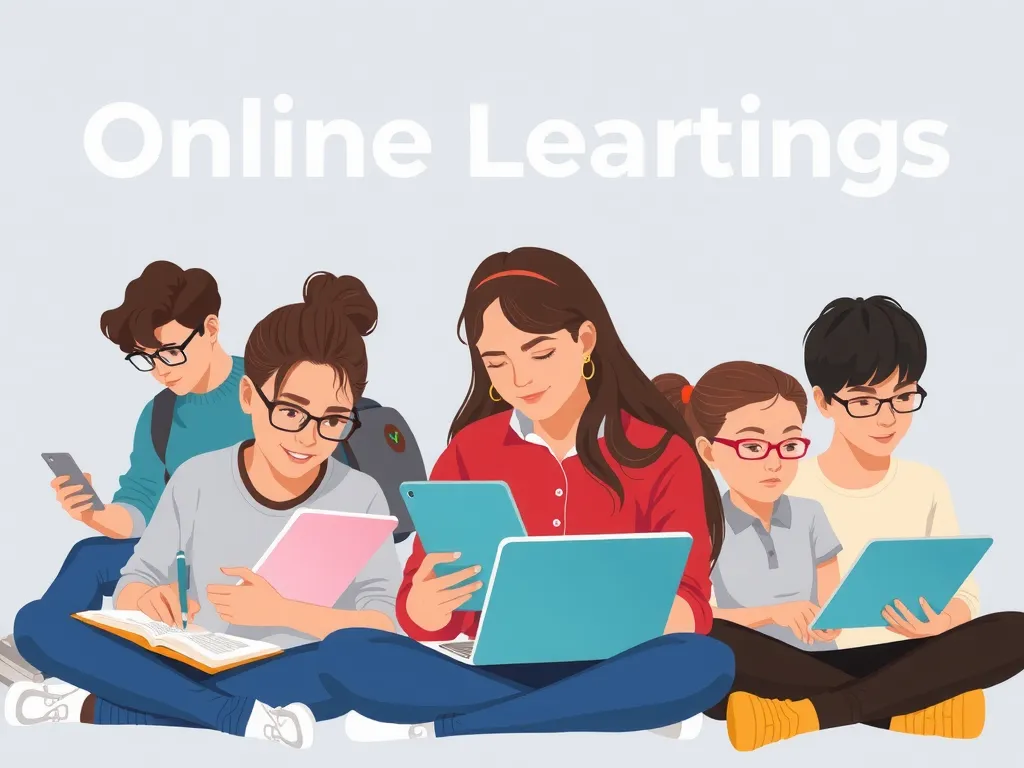 Illustration showing students engaging with their digital devices, emphasizing online learning platforms, high-quality, professional style Illustration showing students engaging with their digital devices, emphasizing online learning platforms, high-quality, professional style