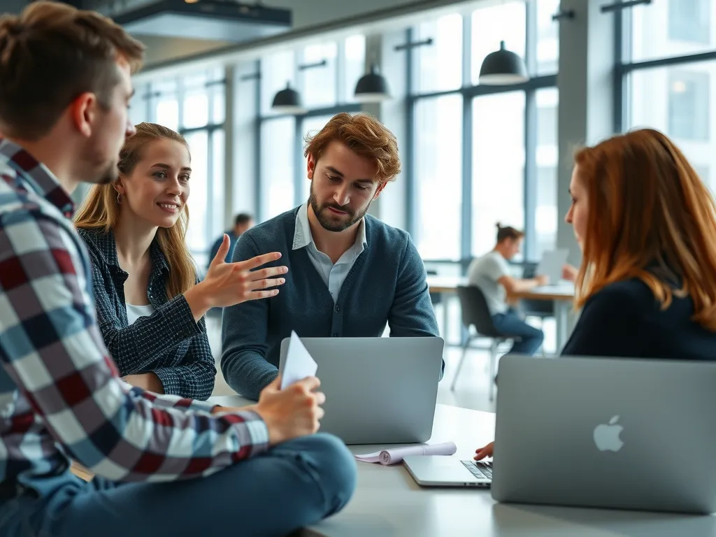 Professional image of students discussing in a modern co-working space, with open laptops and notes, indicating collaborative learning Professional image of students discussing in a modern co-working space, with open laptops and notes, indicating collaborative learning