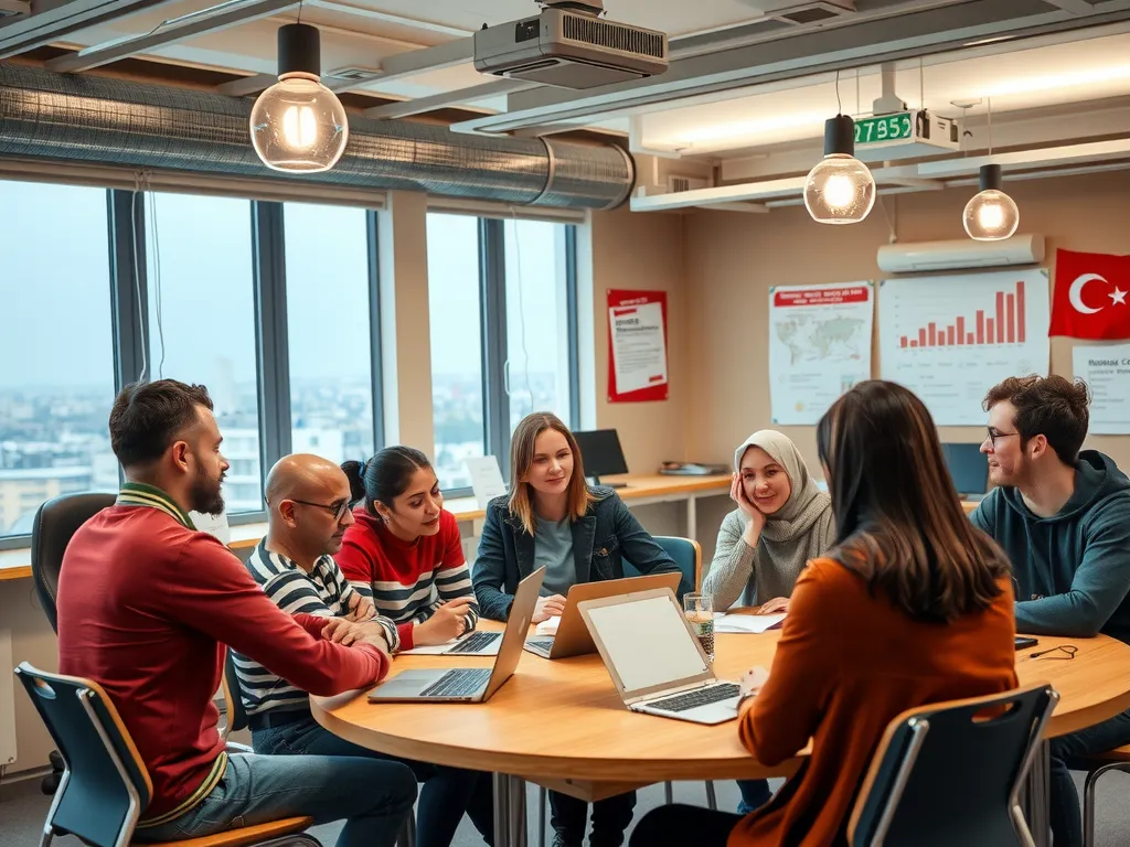 Detailed image of a modern Turkish classroom with diverse students from different countries, engaging in a group discussion, professional lighting