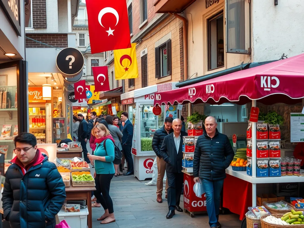 Vibrant image of a Turkish street market scene, capturing the cultural diversity with people, stalls, and local food, natural lighting Vibrant image of a Turkish street market scene, capturing the cultural diversity with people, stalls, and local food, natural lighting