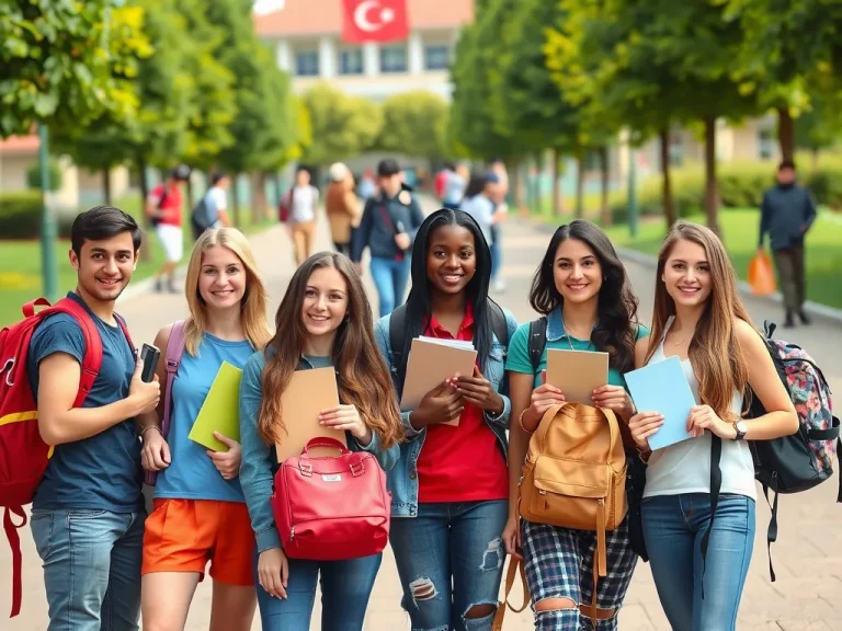 Diverse group of international students with backpacks and books standing on a university campus in Turkey, photorealistic, high quality, natural lighting, multicultural setting