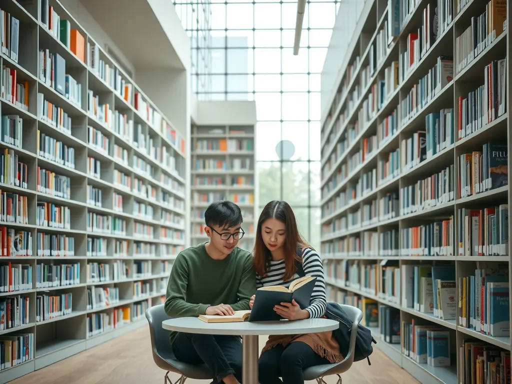 Modern university library with international students studying together, collaborative setting, large bookshelves, natural lighting