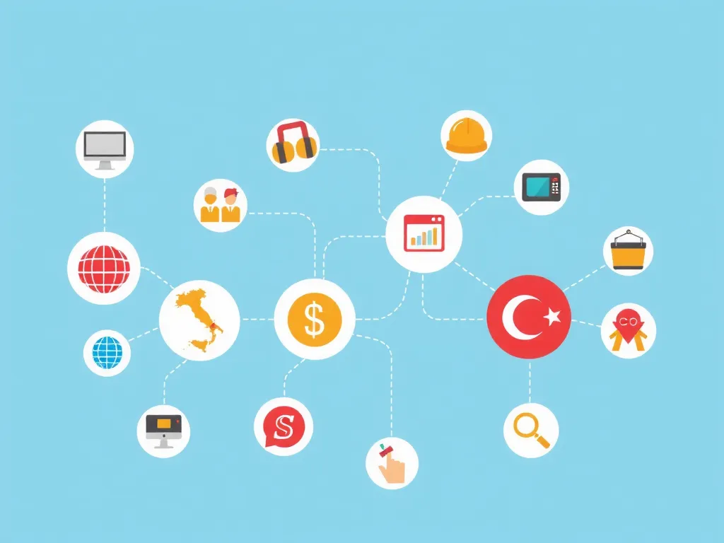 Illustration of various technology icons connected to different industry symbols like engineering, tourism, and construction, representing diverse job sectors in Turkey