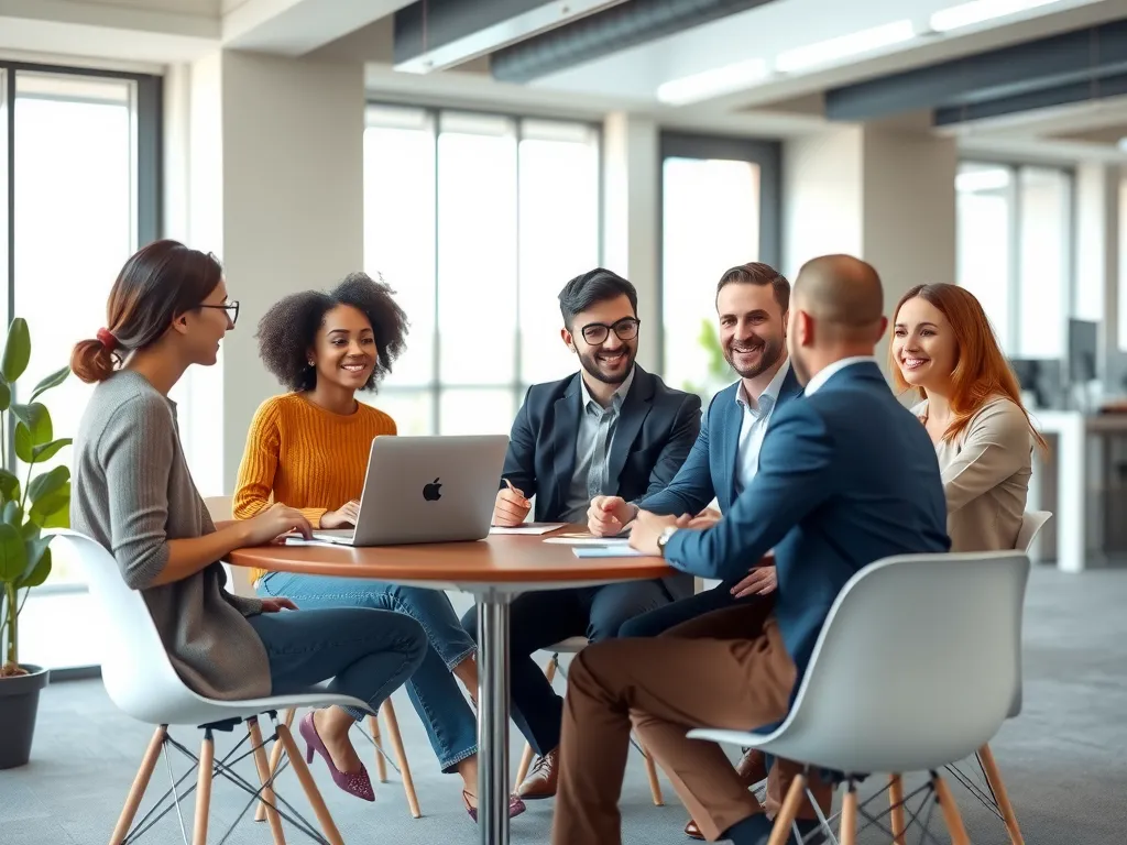 Professional office setting with diverse group of young professionals engaging in a collaborative meeting, photorealistic, high quality, modern and inclusive work environment
