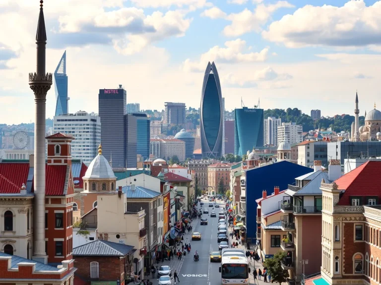 Vibrant cityscape of Istanbul with modern skyscrapers and bustling streets, highlighting a blend of traditional and contemporary architecture, dynamic atmosphere representing a thriving job market