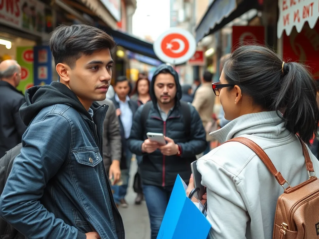 International students adjusting to daily life in Turkey, perhaps navigating a local market or engaging with locals, candid, realistic representation of adaptation challenges