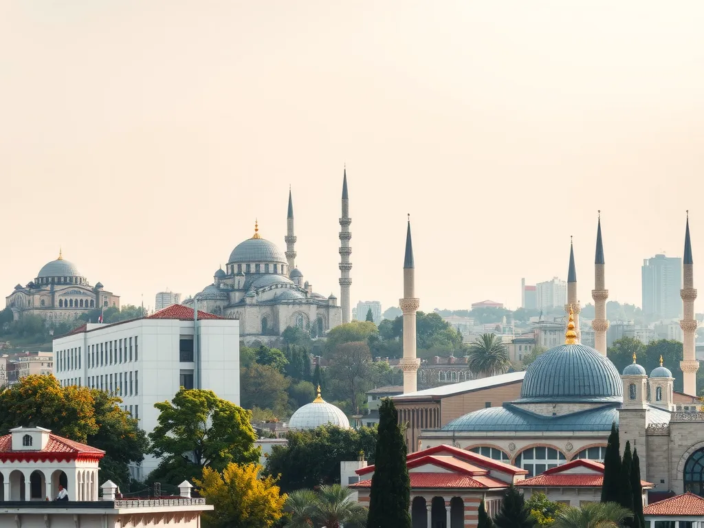 Scenic view of Istanbul capturing both its historical landmarks like mosques and modern educational institutions, high quality, detailed, natural lighting