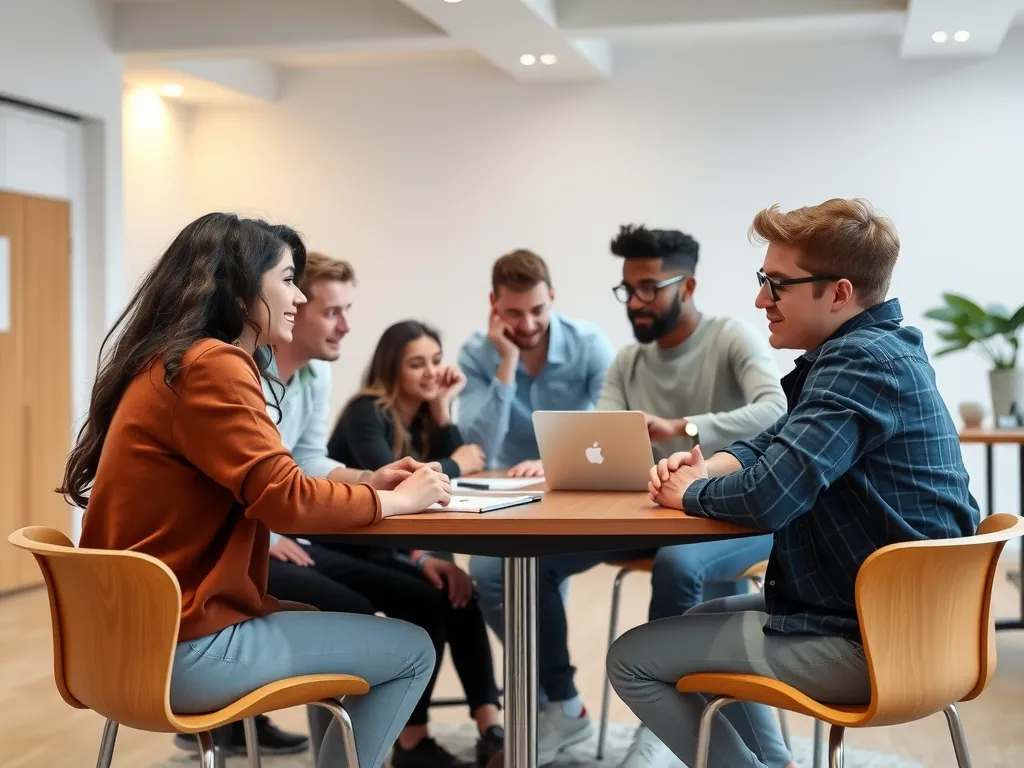 Students interacting at a university club meeting, emphasizing teamwork and multicultural interaction, clean background, modern setting