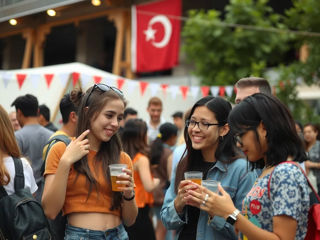 Students participating in a cultural festival or social gathering in a Turkish setting, capturing the essence of intercultural exchange and socializing, detailed, high quality