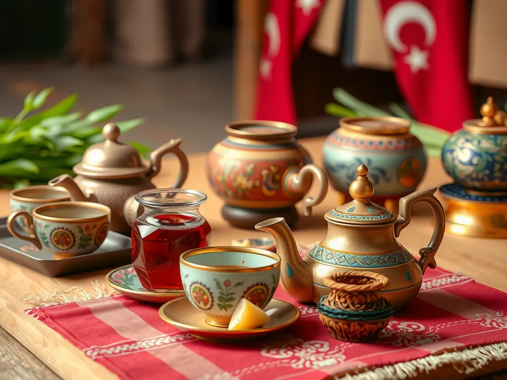 A traditional Turkish tea serving scene with cultural motifs, highlighting the hospitality and social customs, photorealistic, warm atmosphere