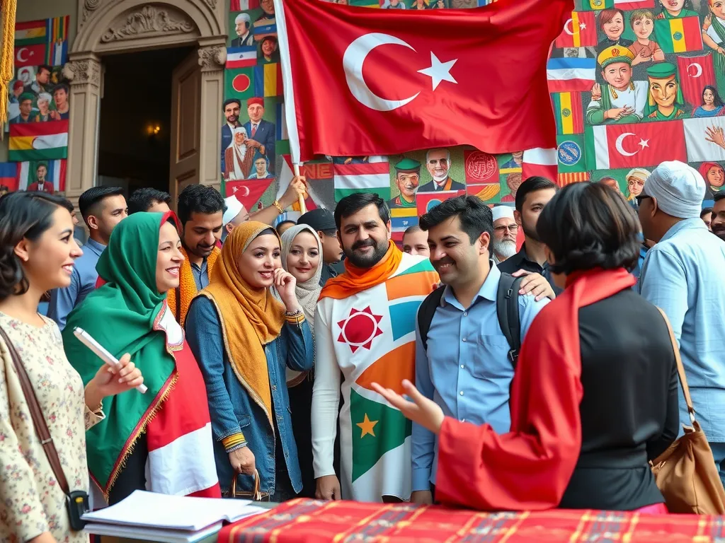 A vibrant cultural mosaic representing Turkey's religious freedom and cultural diversity, with a diverse group of international students engaged in lively discussions, photorealistic, professional lighting, showcasing unity and harmony
