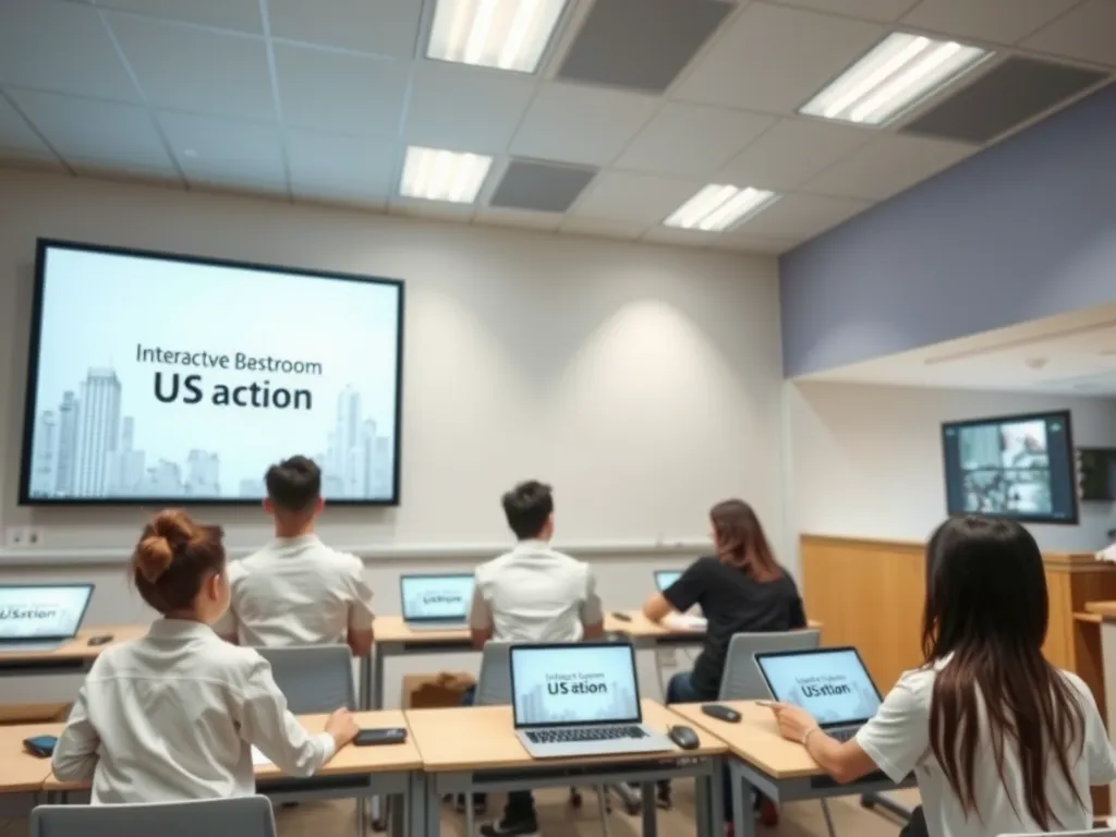 Interactive classroom with advanced technology, students using digital screens and smartboards, high-quality, professional lighting, modern educational setting.