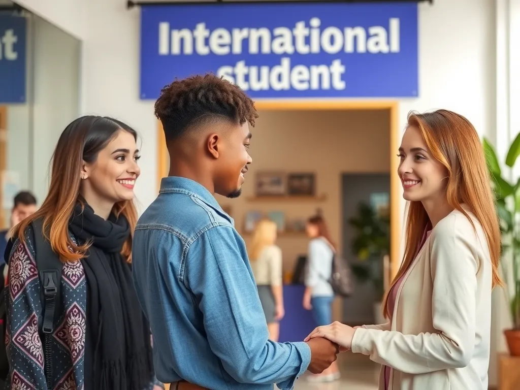 International student support services, students receiving guidance and counseling, welcoming and supportive atmosphere, high-quality, modern setting. International student support services, students receiving guidance and counseling, welcoming and supportive atmosphere, high-quality, modern setting.