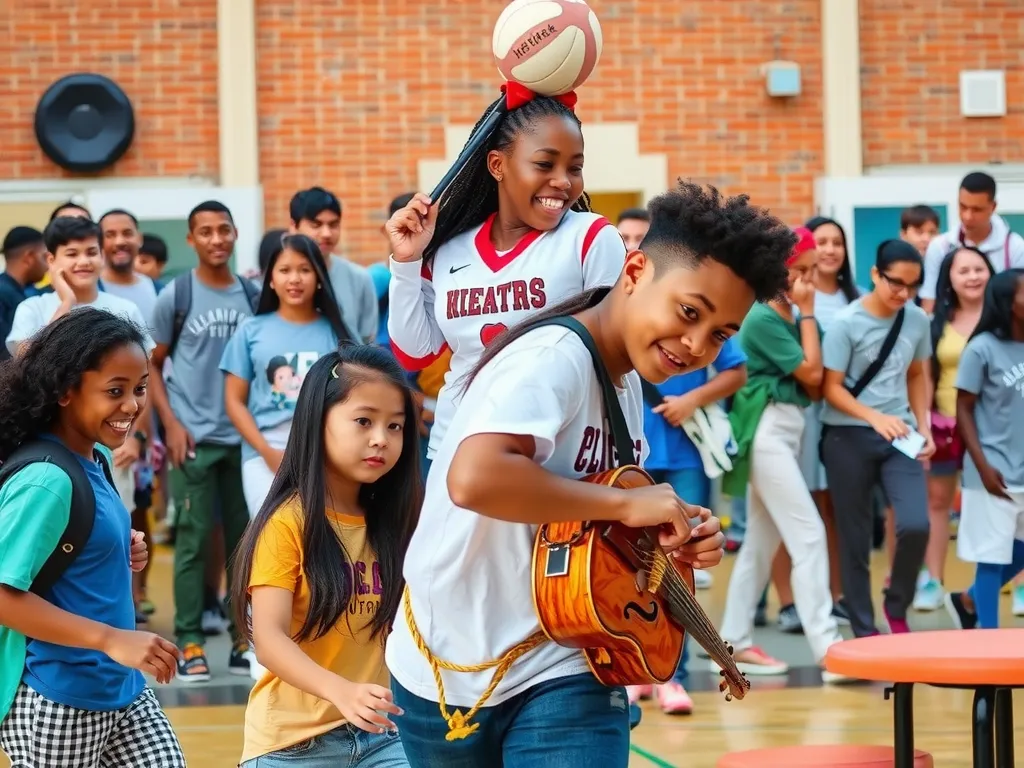 Students participating in diverse extracurricular activities like sports, theater, and music clubs, engaging environment, lively and dynamic scene, multicultural group. Students participating in diverse extracurricular activities like sports, theater, and music clubs, engaging environment, lively and dynamic scene, multicultural group.