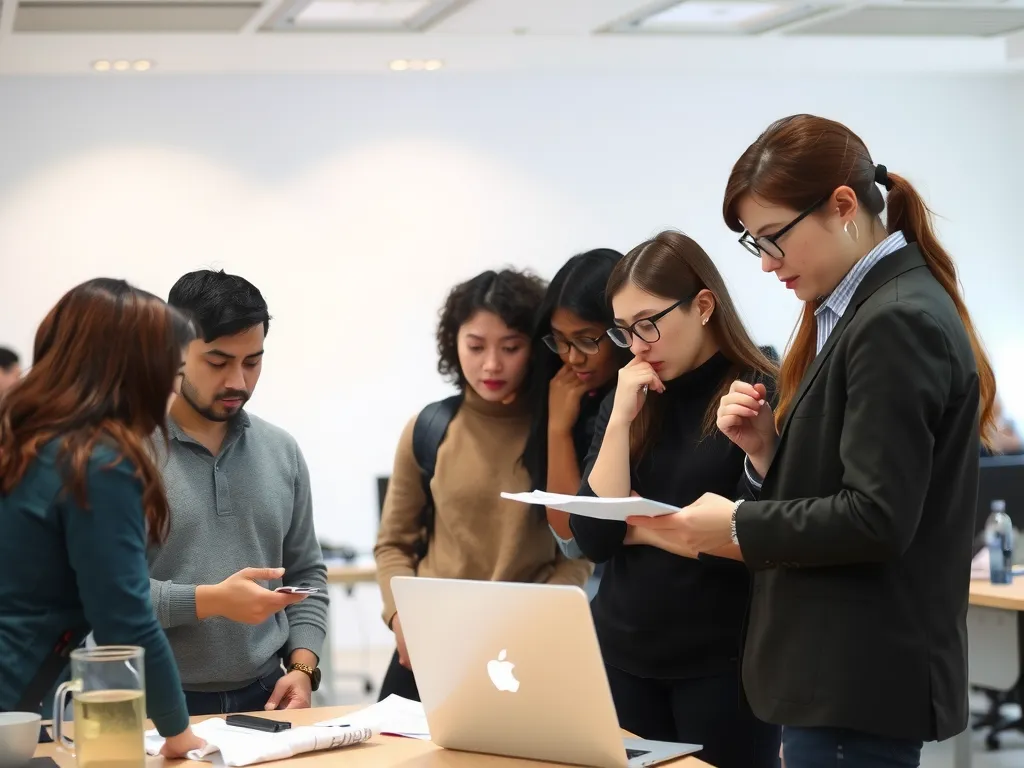 Team of university students collaborating on a research project or volunteering, focused and cooperative environment, diverse backgrounds.