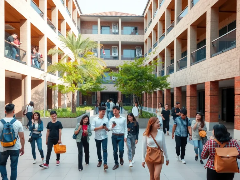 A vibrant university campus in Turkey with diverse students socializing and studying in modern architectural settings, photorealistic, high quality, daylight, multicultural atmosphere.
