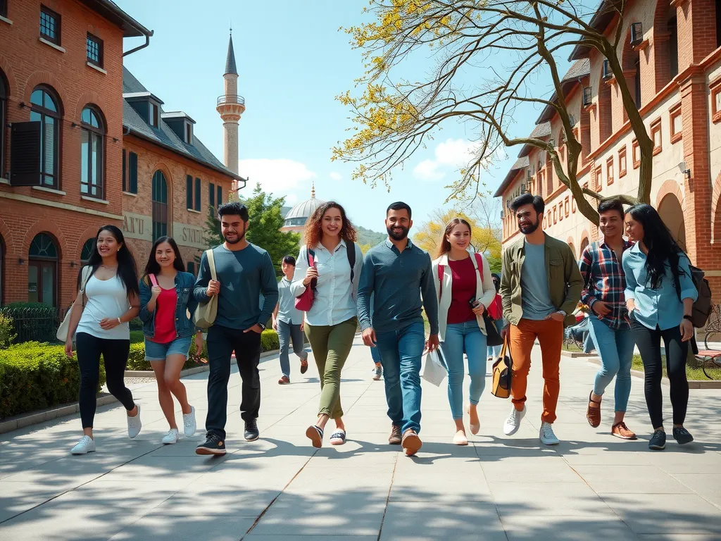 An image of a diverse group of international students walking on a Turkish university campus, photorealistic, high quality, natural lighting, showcasing cultural diversity and dynamic student life.