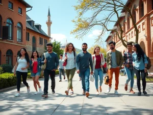 An image of a diverse group of international students walking on a Turkish university campus, photorealistic, high quality, natural lighting, showcasing cultural diversity and dynamic student life.