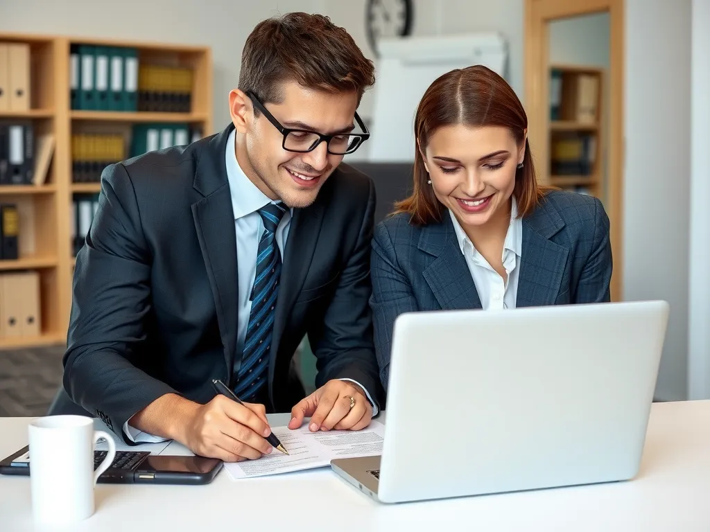 A professional lawyer consulting with a student, both looking at legal guidelines on a laptop, high quality, office setting.
