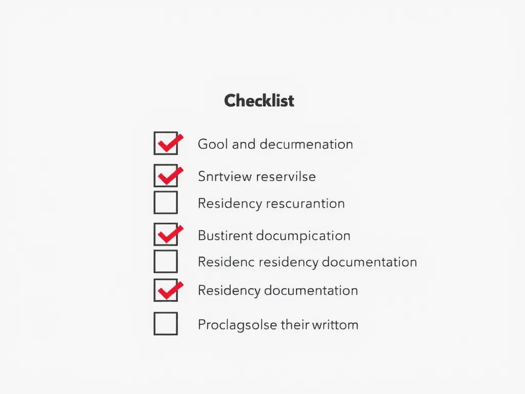 An organized checklist with ticked boxes, symbolizing successful completion of required residency documentation, photorealistic, clean background.