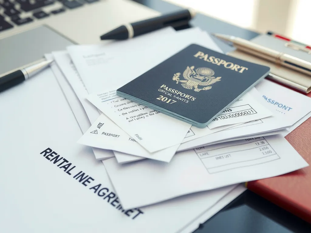 A stack of official documents on a desk, including a passport, financial statements, and rental agreement, all in a professional setting, photorealistic.