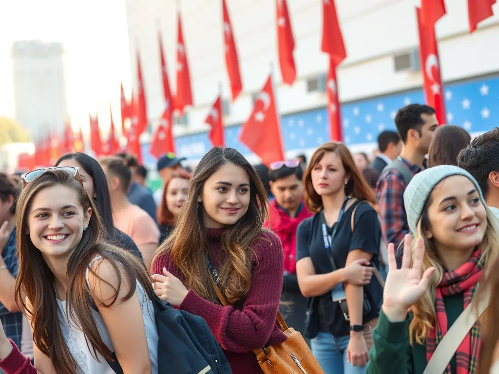 International students participating in Turkish cultural events and university activities, diverse group, lively atmosphere, vibrant cultural expressions