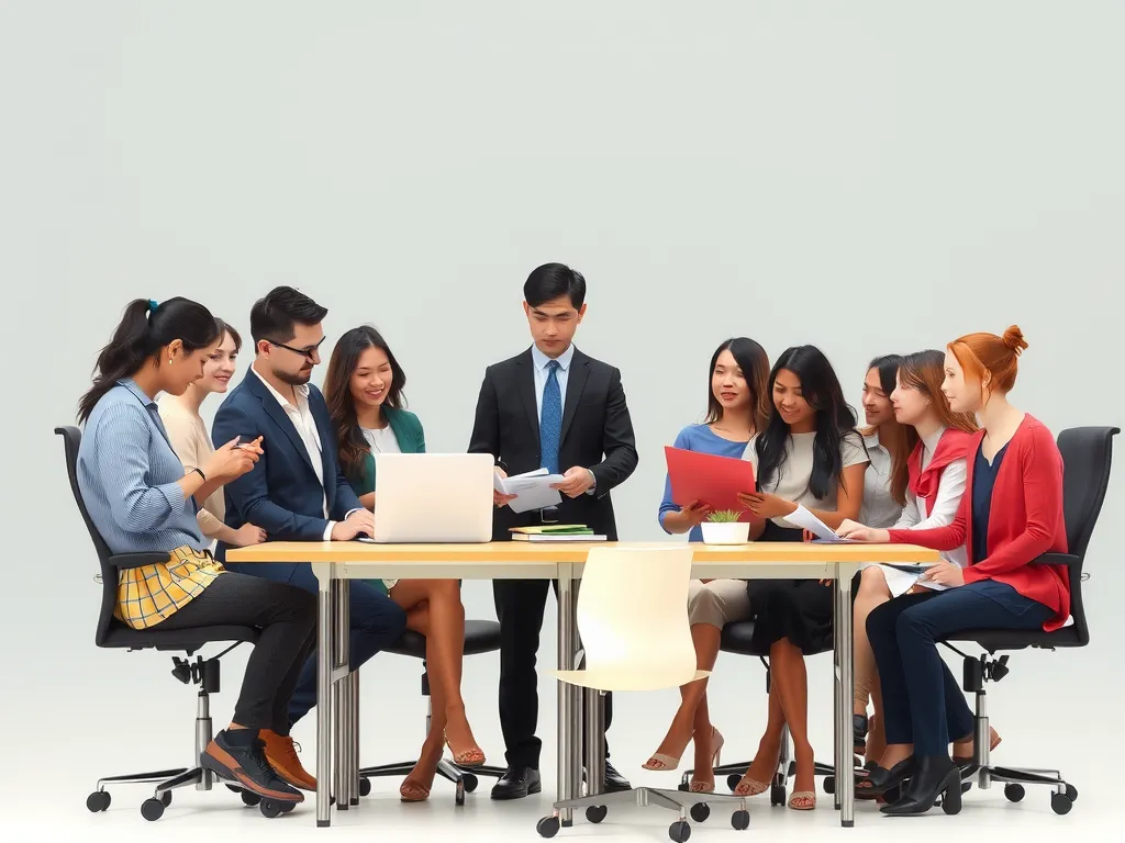 Scene depicting legal consultation services for international students, professional office setting, lawyer with documents, diverse students, clean and modern background